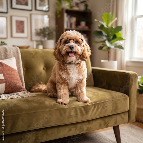 cute dog wearing glasses sitting on a green sofa