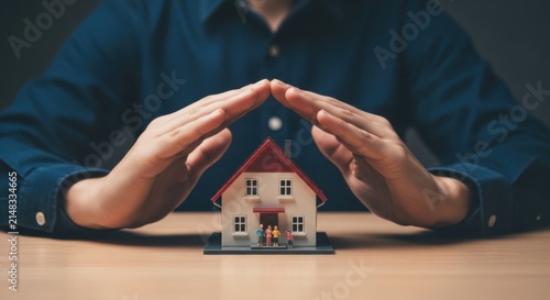 Hands Protecting Miniature House with Family