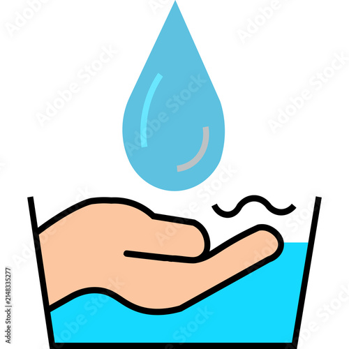 Minimalist hand wash icon with a human hand in a water basin and a blue drop
