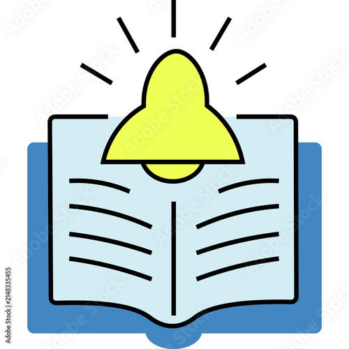 Minimalist flat vector illustration of an open book with a glowing yellow lamp representing knowledge and learning