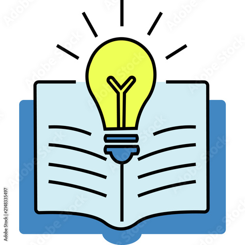 Creative concept of glowing lightbulb appearing from an open book representing education and ideas