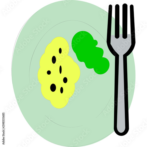 Minimalist flat illustration of a plate with colorful food and a fork on the side