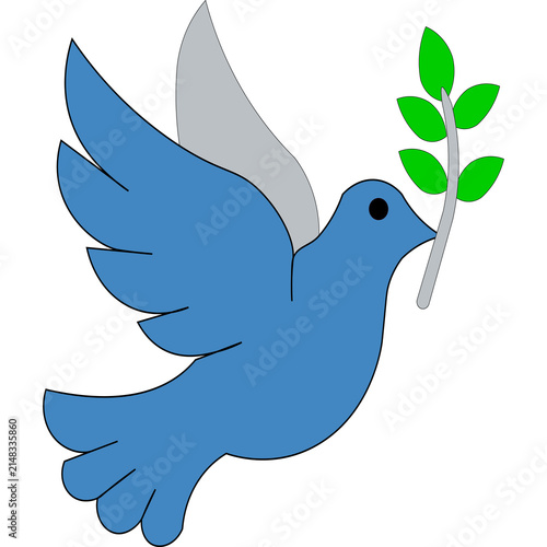 Minimalist blue dove flying and carrying a green olive branch as a symbol of peace