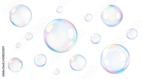 Water soap bubbles floating isolated on transparent background