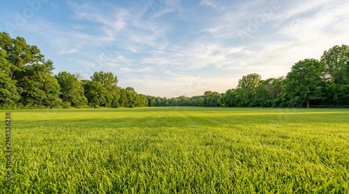 Clean and wellmaintained grass lawn background texture with various trees and a beautiful sky at an empty unpowered campsite in a park.