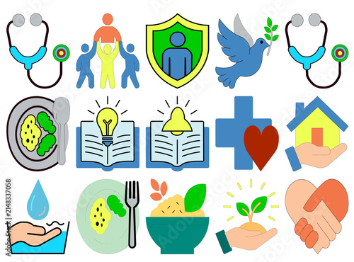 Set of humanitarian and charity infographic icons for social aid and community support projects