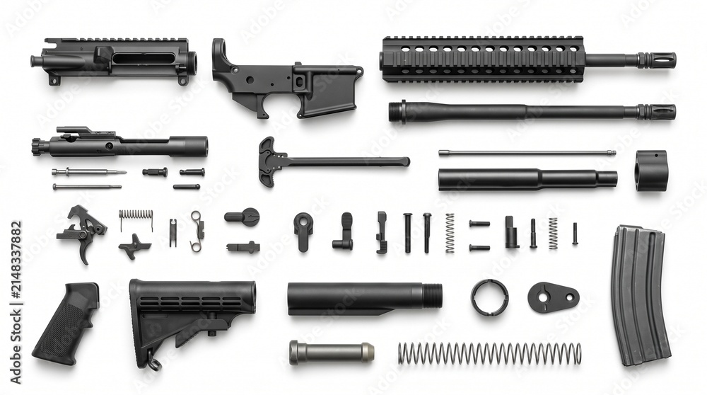 Fototapeta premium Precision-engineered components of a modern sporting firearm laid out for assembly or maintenance, showcasing the intricate parts of a rifle system