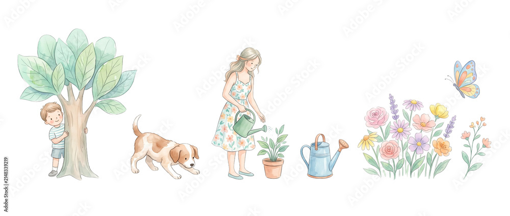Naklejka premium Woman watering plants family garden set featuring boy behind tree, cute dog, colorful flowers, butterfly, watercolor style clipart element for spring outdoor gardening concept artwork design graphics