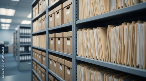 Office storage room featuring organized archive shelves with files and boxes