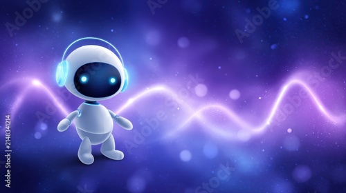 A cute futuristic robot wearing glowing headphones stands against a cosmic purple background with light waves and stars.
