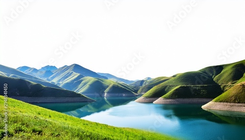 Layered Hills Lake On White Background