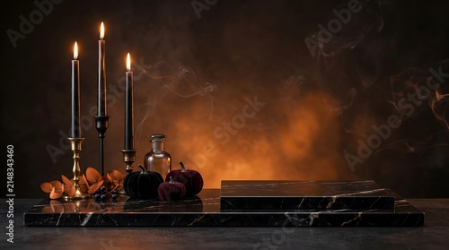 A dark moody still life composition featuring burning candles an open vintage book and scattered autumn fruits on a table