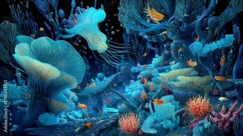 Beneath the crystal waves, an underwater kingdom of radiant coral pulses with color as bioluminescent creatures drift through its spiraled halls. 
