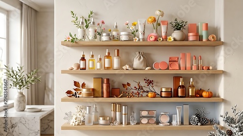 Wooden shelves with various skincare cosmetic bottles and plants in a bright modern bathroom interior. seasonal cosmetic collections 