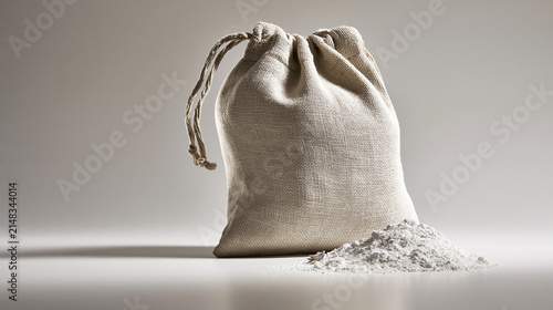 Burlap sack of diatomaceous earth with spilled powder on sweep, ecommerce banner concept