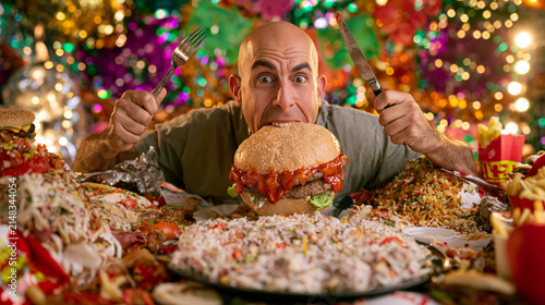 Man with oversized burger and fast food spread, gluttony and excess concept.