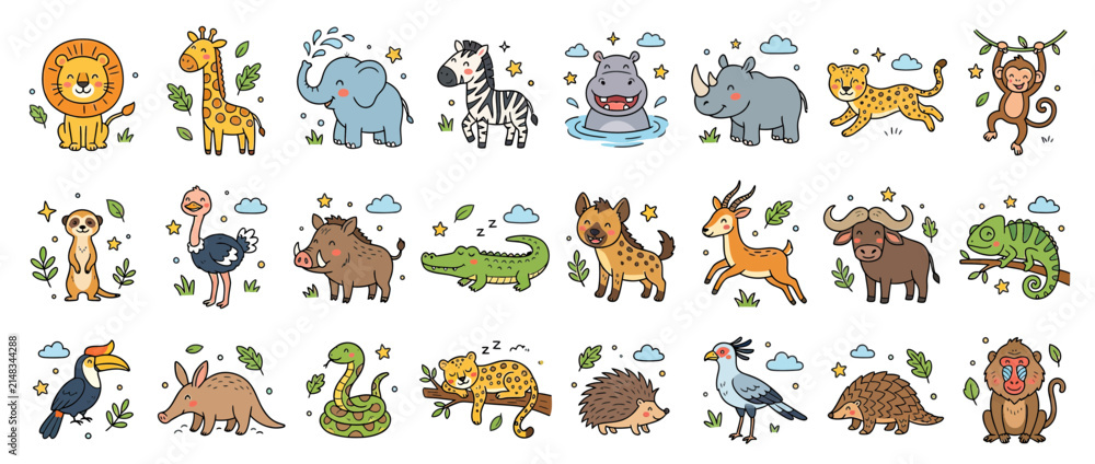 Obraz premium Cute Cartoon African Wildlife Animals Collection Isolated