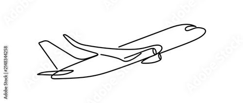 Continuous line drawing of a modern airplane taking off