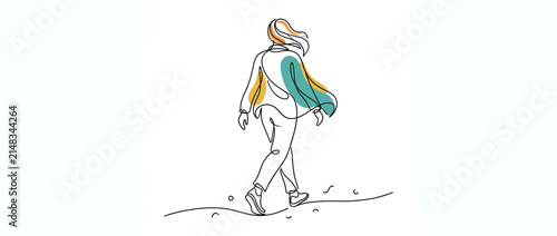 Continuous line drawing of a person walking, isolated