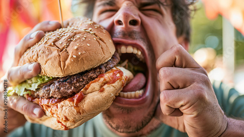 Man with oversized burger and fast food spread, gluttony and excess concept.