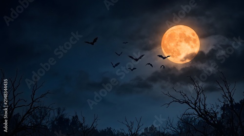 A spooky night scene featuring a large glowing full moon surrounded by dark clouds with silhouettes of flying bats overhead