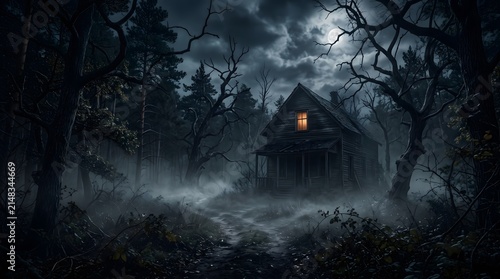 A spooky abandoned house stands in a dark foggy forest under a glowing full moon during a mysterious night scene