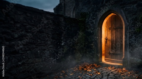 A mysterious glowing arched doorway illuminates a dark stone courtyard at night creating a magical and atmospheric architectural scene