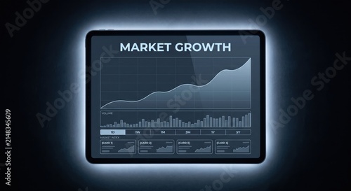 Tablet displaying market growth financial graph and stock market index dashboard interface with backlighting on dark background