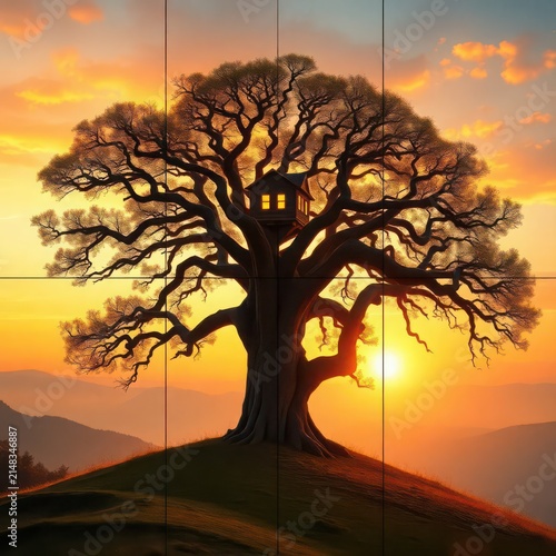 Treehouse on ancient tree at sunrise. Dream home concept with glowing windows on a hill.