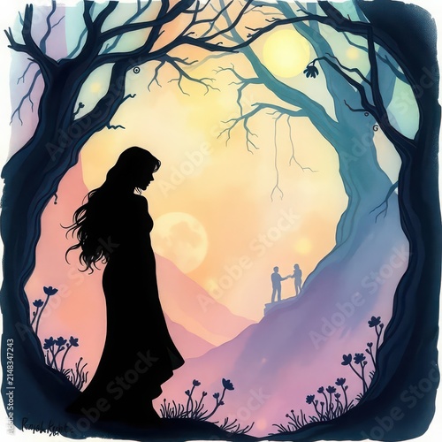 Silhouette of a woman in a mystical forest. Ethereal fantasy art with magical dreamscape.