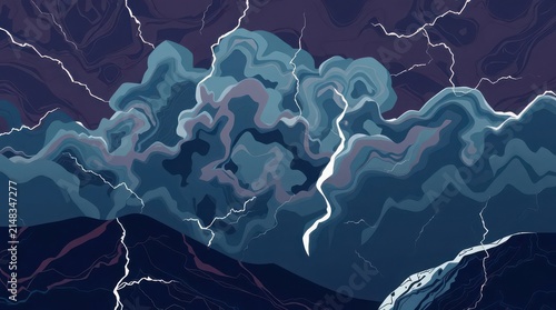 Stormy weather with lightning bolts. Abstract flat design of a dark turbulent sky.