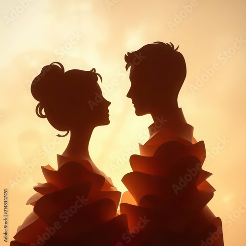 Silhouette of a couple in love. Romantic man and woman with artistic paper textured layers.