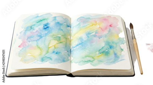 Open sketchbook with watercolor splashes and paintbrush PNG Isolated on transparent background
