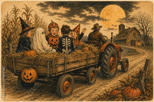 Halloween night children riding a hayride wagon with pumpkins. Spooky autumn harvest festival scene with kids in costumes enjoying fall activities.