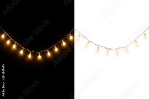 Glowing string lights on black and white backgrounds, decorative warm fairy lights for holiday celebration, festive hanging bulb garland set