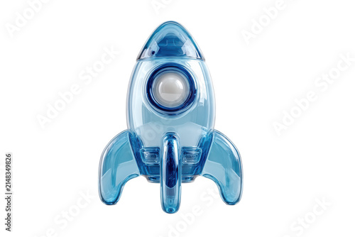 Blue Glass 3D Rocket Icon Isolated on White