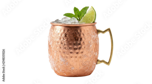 Moscow Mule cocktail in a copper mug with ice and lime PNG Isolated on transparent background