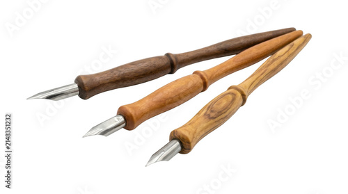 Three wooden calligraphy pens with metal nibs PNG Isolated on transparent background