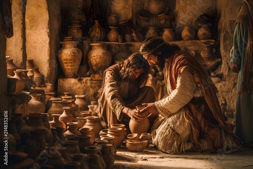 Two men in ancient robes working together on a clay pottery vessel in a rustic workshop filled with earthenware jars