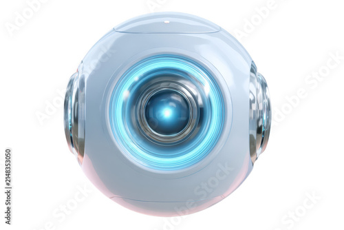 Futuristic Spherical AI Robot with Glowing Blue Lens