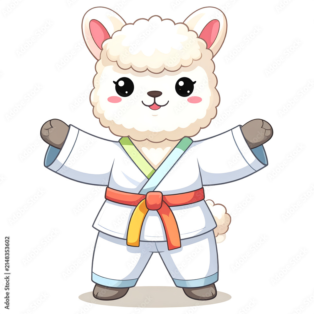 Naklejka premium Cute fluffy alpaca performing a playful karate pose with a colorful belt for apparel design generative AI