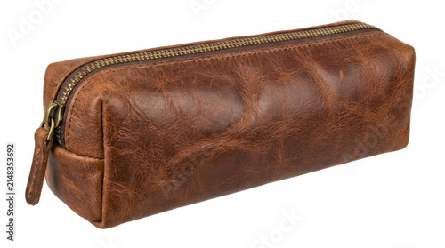 Brown Leather Pencil Case with Zipper PNG Isolated on transparent background