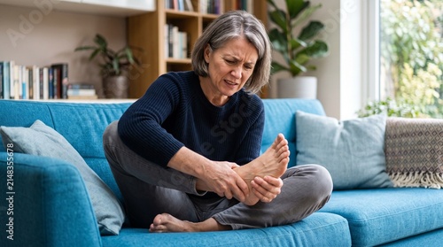 Elderly Woman Experiencing Foot Pain While Sitting on Sofa
