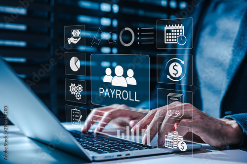 Software technology for payroll management systems helps accountants process employee salaries, payments, records, deductions, financial reports. HR automation, accuracy, workforce administration