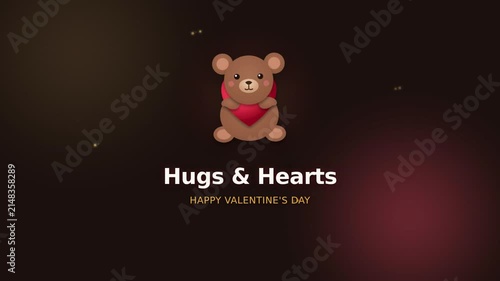 Teddy Bear Cuddling Red Heart with Glowing Light and Hugs & Hearts Text