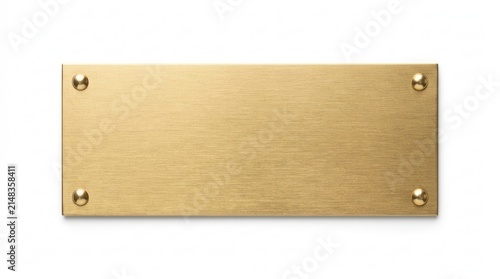 Gold rectangle plate with rivets, featuring a blank brass nameplate isolated on white.