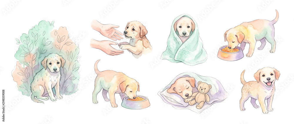 Obraz premium Cute puppy rescue watercolor illustration set featuring stray dog adoption, pet care, feeding food, blanket, sleeping teddy bear, and happy puppy isolated elements for creative animal clipart design.