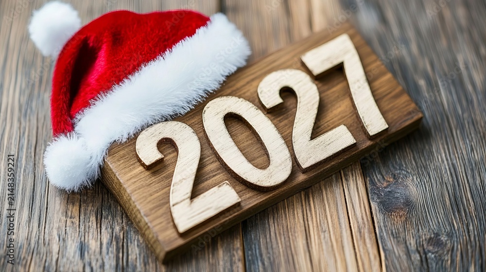 Obraz premium 2027 Wooden Numbers Decorated With Santa Claus Red Hat Resting On Rustic Dark Wood Background