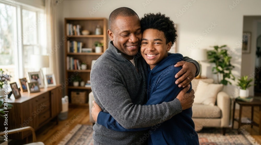 Obraz premium Happy Black father and teenage son hugging in a cozy living room.