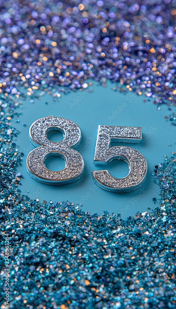 Obraz premium Elegant Silver Anniversary Celebration with 85 Number Set on Turquoise Background and Bokeh Lights